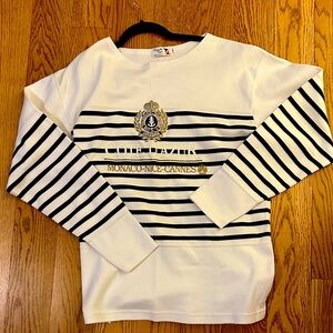 Stylish White and Black Striped woman’s  sweater from Nouvelle Vogue. Size XL